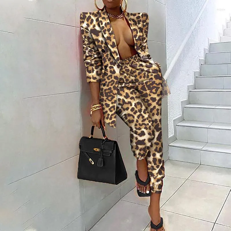 Dwuczęściowe spodnie damskie Leopard Blazer 2 Zestaw Kobiety swobodny podwójnie piersi kurtka z długim rękawem Harem dorthsuit biuro biur