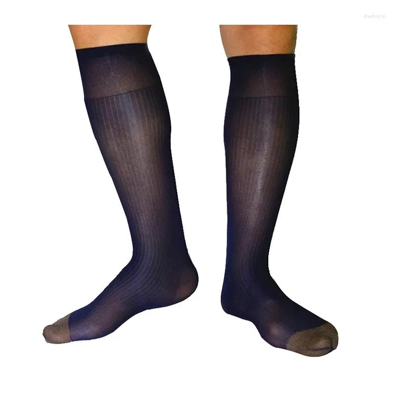 Heren sokken lijst aankomst pure mannen formele kleding zie lange nylon zijden streep mannelijke sexy slang kousen