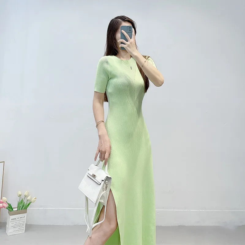 Basic & Casual Dresse Wholesale of New Maje Green Open Back Lace up Short Sleeve Single Side Split Knitted Dress