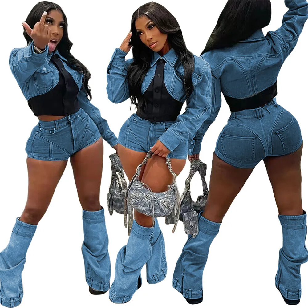 Designer Denim Tracksuits Two Piece Sets Women Long Sleeve Patchwork Jacket and Shorts Outfits Y2k Jeans Vintage Streetwear Bulk Wholesale Clothes 9879