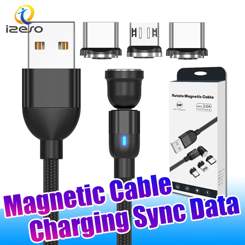 Kabel magnetyczny 3in1 3A 540 ° Kable ładujące USB C z CE FCC ROHS ŁYSKA IPhone 15 Samsung S24 Android z opakowaniem detalicznym Izeso