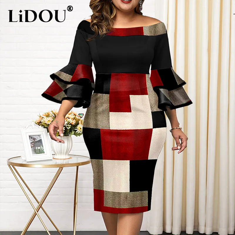 Plus size Dresses Autumn Winter Fashion Casual Simple Design Hip Package Dres Flying Sleeves Plaid Print Size Elegant Bodycon Dress 230517