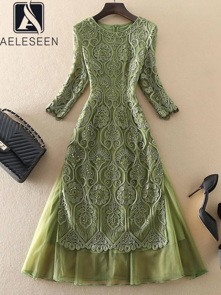 Vestido aeleseen designer de moda 2023 primavera verão meia manga verde flor bordado malha lantejoulas elegante longa festa férias