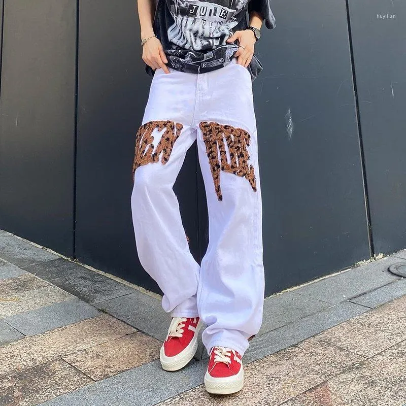 Herr jeans 2023 mode leopard brev broderi vita baggy män byxor y2k kläder raka kvinnor avslappnade långa byxor pantalon