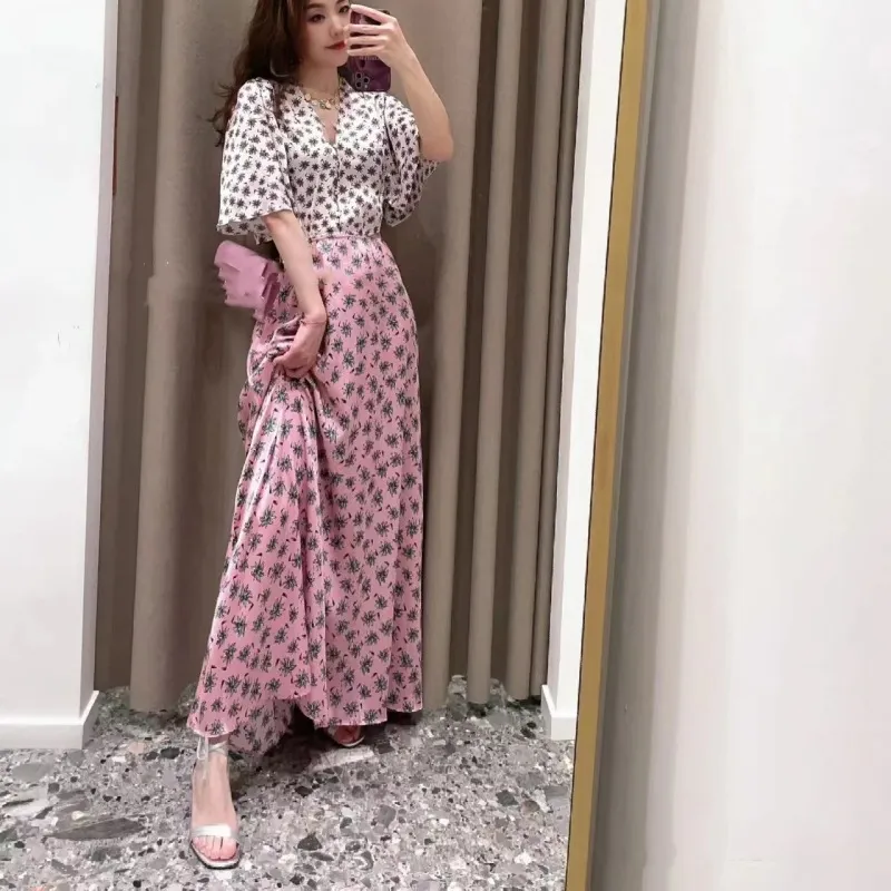 Casual Dresses M-aje V-neck Floral A-line Dress Midriff Costume Contrasting Maxi Dress for Women