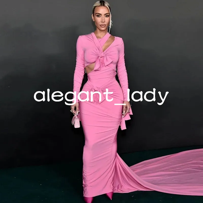 Kim Kardashian Red Carpet Evening Dresses with Long Sleeve Hot Pink Fuchsia Cutout Bow Mermaid Prom Formal Dress Wear