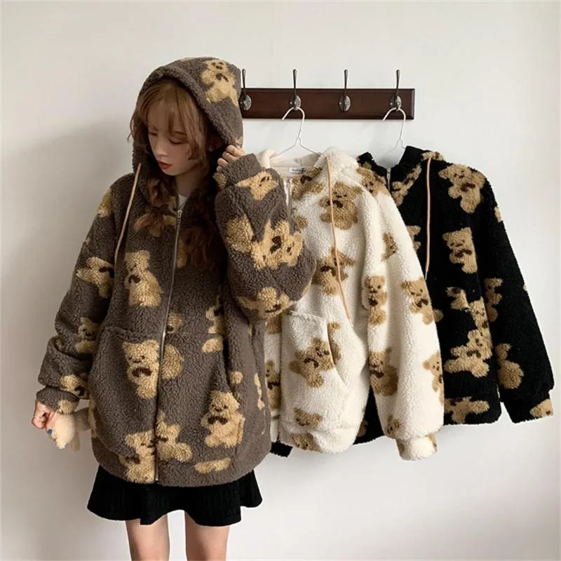 Damenjacken Frauen Winter Fuzzy Plüschhuodie Jacke Cartoon Bären Druck übergroß