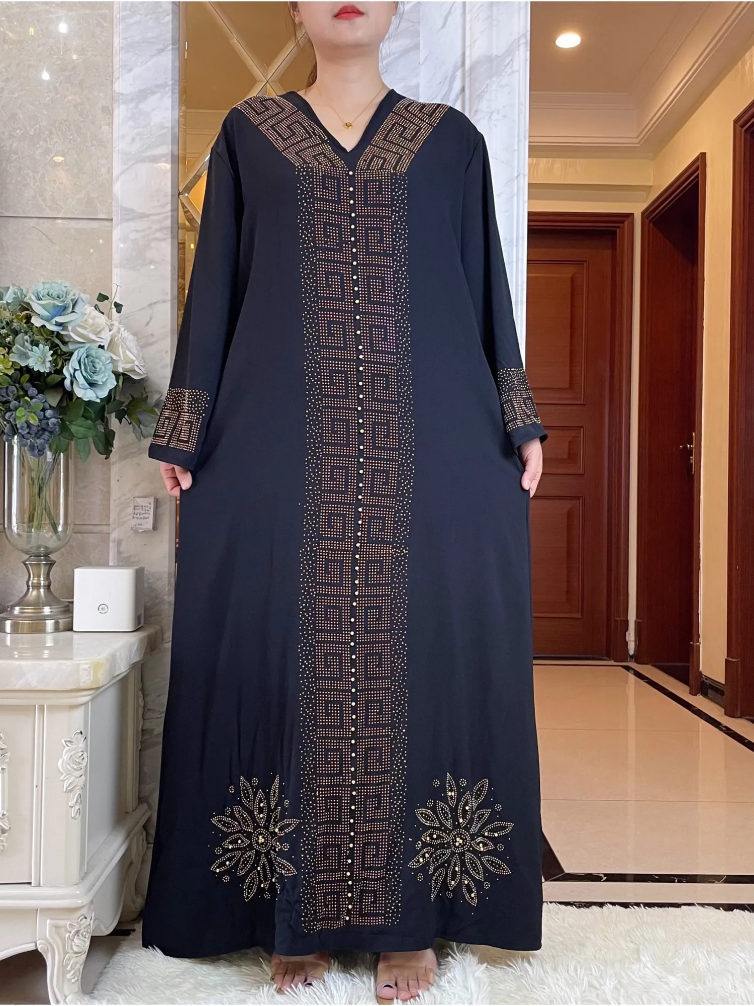 Vestidos étnicos vestidos africanos para mulheres outono de manga longa preto decote em V abaya abaya Robes africanos Ramadã Diamantes de oração islâmica 230517