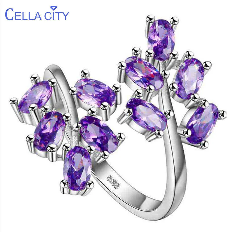 Anillos de banda Cellity Apertura ajustable Plata 925 Joyas Anillo de piedras preciosas para mujeres Amatista Rubí Polvo cristal Planta Hoja Regalo Al por mayor J230517