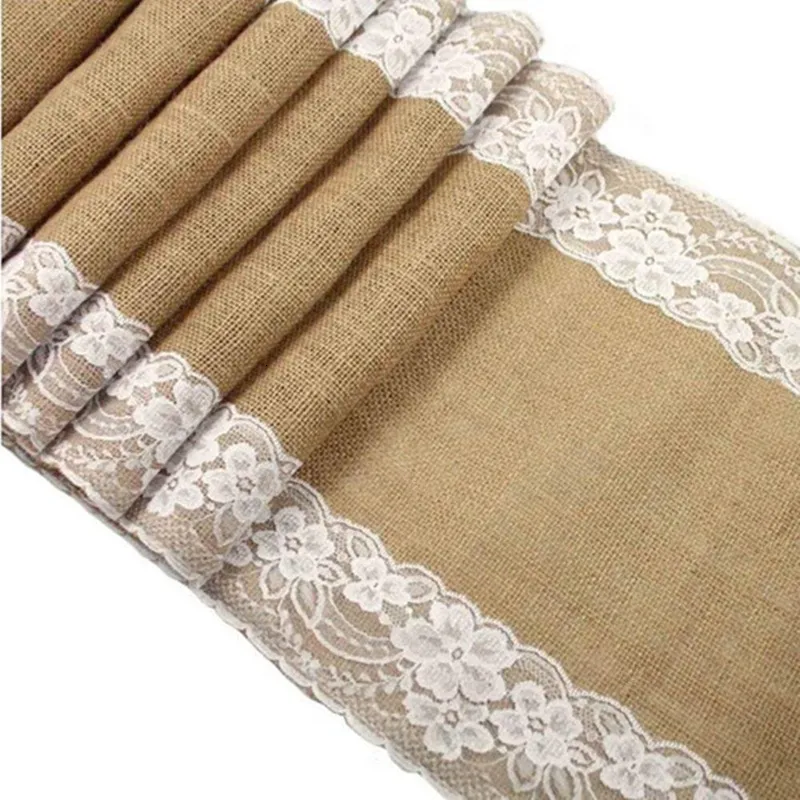 Juta stołowa Jute Burlap Lace Hessian Table Runner 30 x 275 cm Vintage Event Party Zabezpieczenia Koronkowe biegacz stołu dla akcesoriów weselnych AA7921 230517