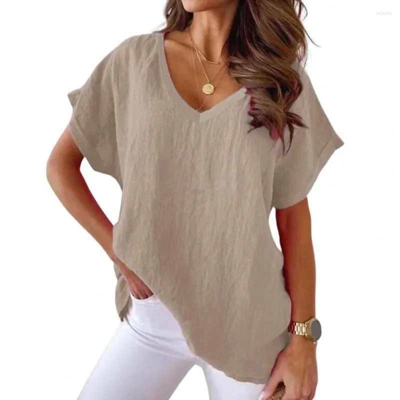 Kvinnors blusar Kvinnor Summer T-shirt Casual Solid Color Loose Short Sleeve V-Neck Daily Wear Pullover Plus Size Batwing Sleeves Lady Top