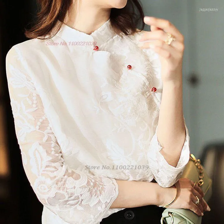 민족 의류 2023 중국 레이스 Qipao Tops 전통 Cheongam National Flower Jacquard Mesh Blouse Oriental Tang Suit Retro