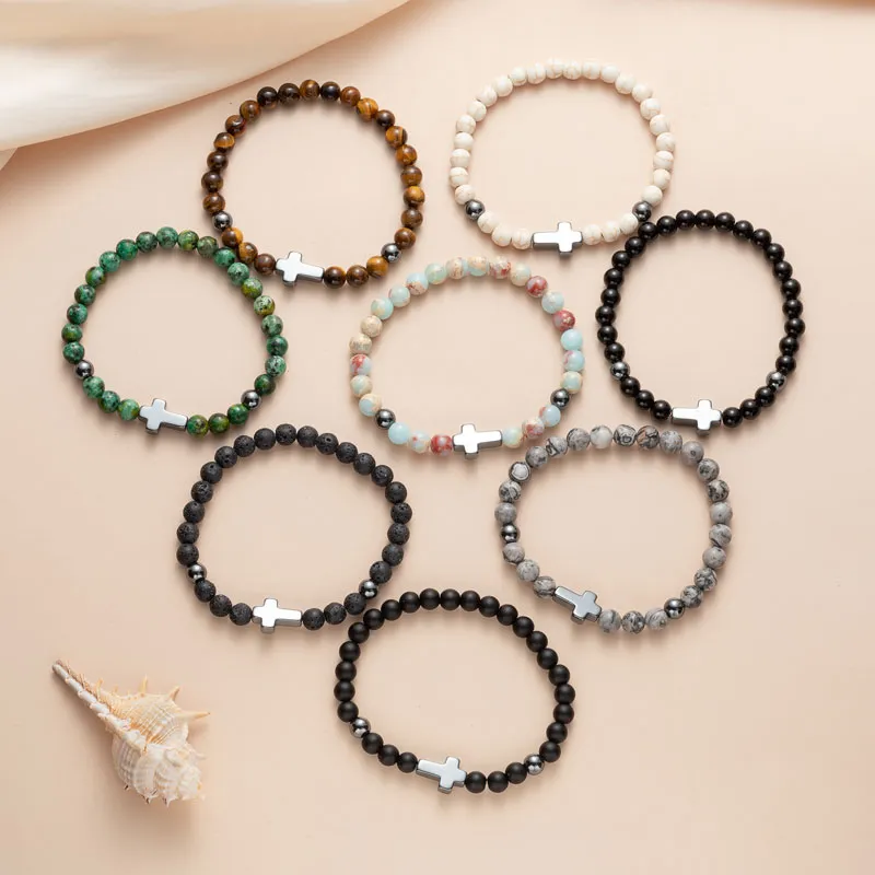 6mm Natural Stone Handmade Cross Beaded Strands Charm Bracelets Party Club Elastic Jewelry For Men Women