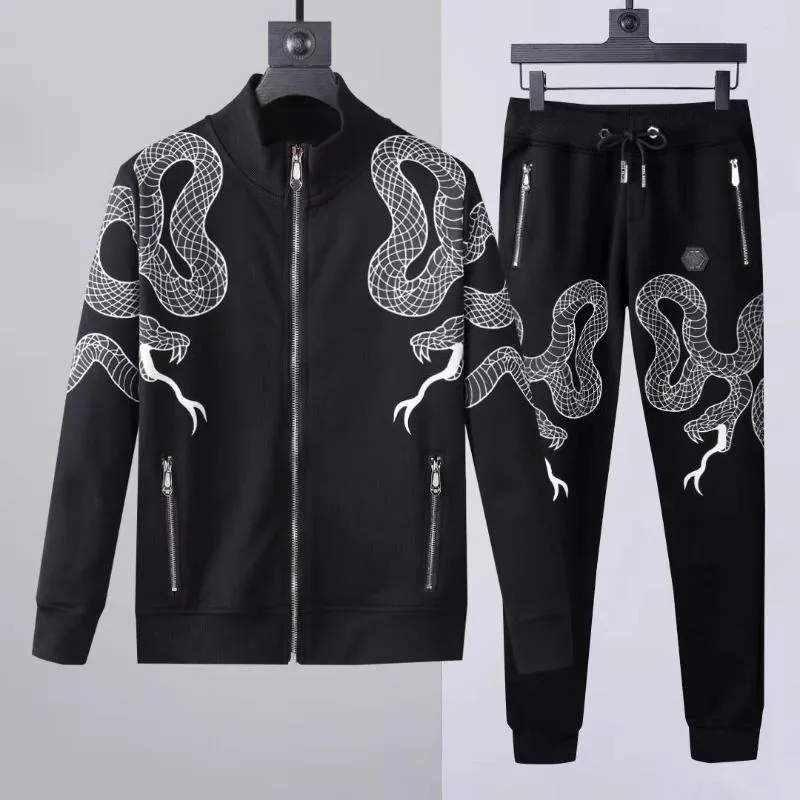 Testros masculinos 2023 Men's Set Cotton Double Snake Print Diamond Sweater Pants 2 Peças Moda italiana Uomo Moletom Luxo masculino
