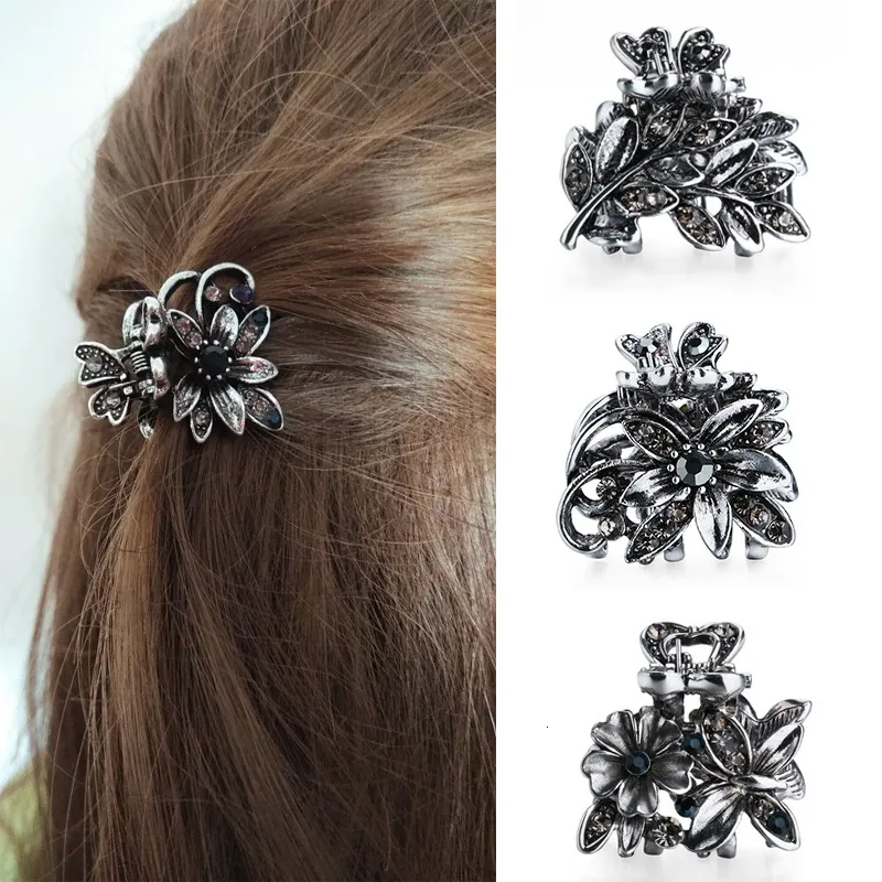 Hårklämmor Barrettes Kvinnor underbara strass Small Flower Hair Claw Clips Metal Crystals Hårnålar Hårtillbehör för tjejhuvudbonad prydnad 230517