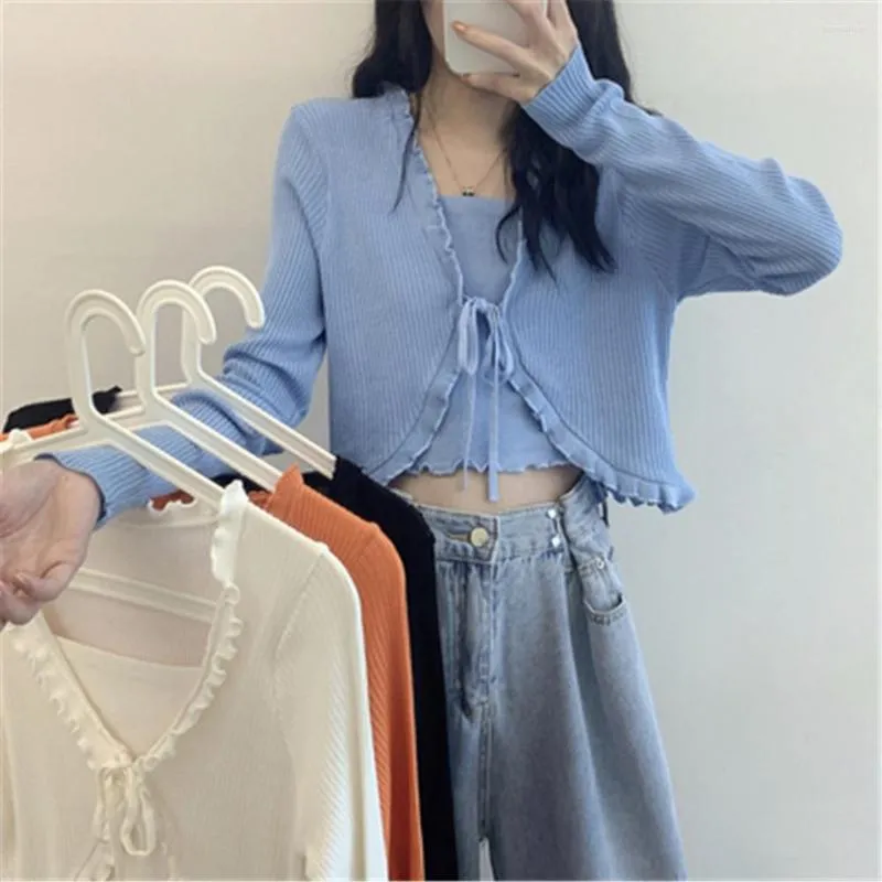 Women's Sweaters 2023 Patched One-piece Cropped Pullovers Ruffles Full Sleeve Laced Sweater Shirts Crop Tops For Female