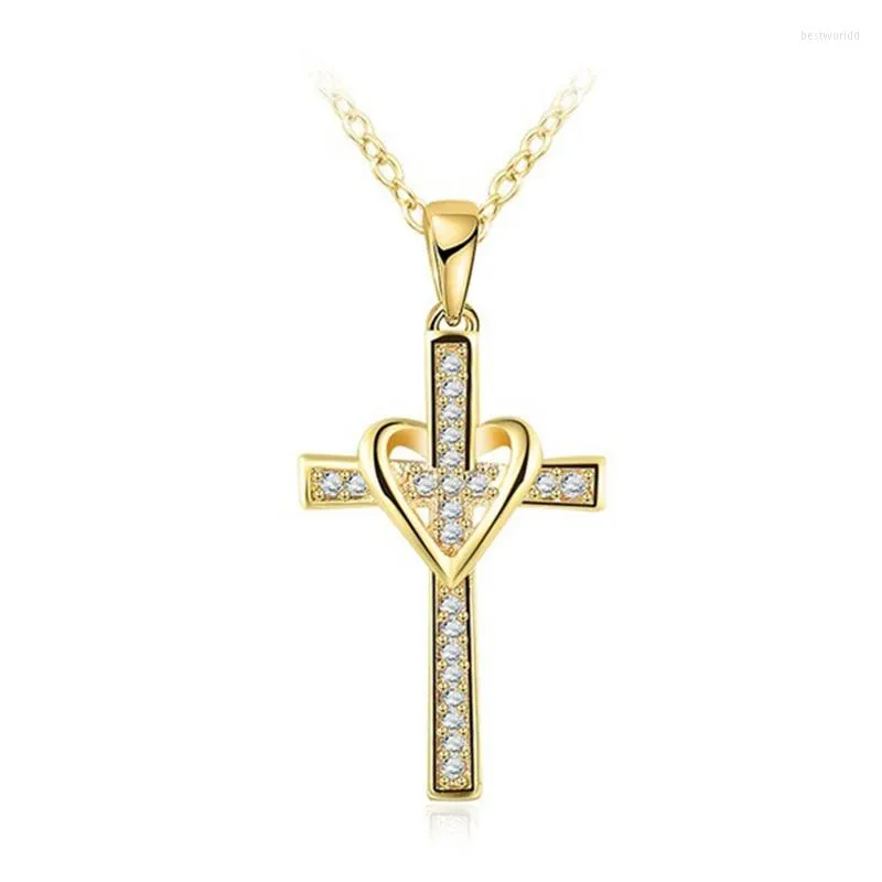 Pendanthalsband Klassiska Cross Heart-Shaped Halsband Utsökta Crystal Zircon Gold Color Clavicle Chain Romantiska kvinnors smycken gåva