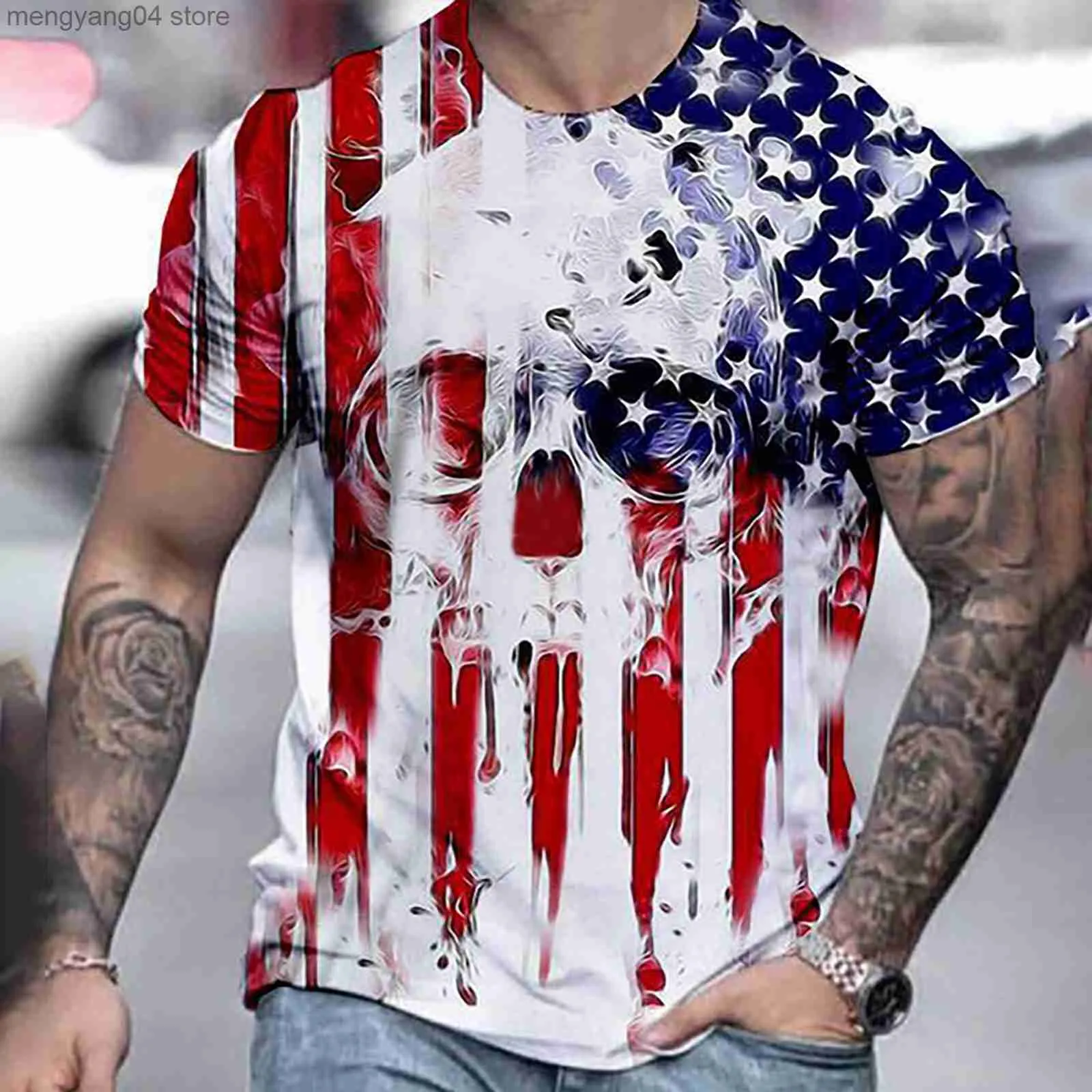 Herren-T-Shirts, Totenkopf-amerikanische Flagge, bedruckt, Herren-T-Shirt, Rundhalsausschnitt, kurze Ärmel, Unabhängigkeitstag, 4. Juli, Flagge, Tops, loses patriotisches T-Shirt, 3D-T230517