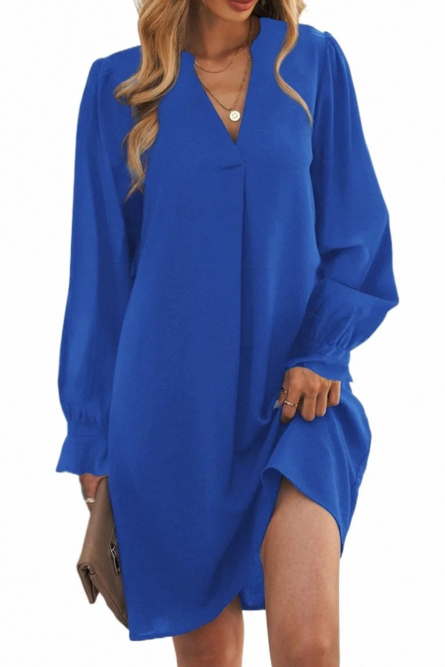 Blue Split V pescoço mangas com babados vestido de camisa C5H8#