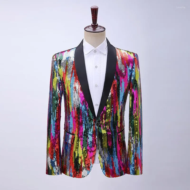 Ternos masculinos fatos masculinos coloridos de listras verticais de listras de lantejoulas da dança de blazer de cor casual com barra de barra host modern slim chic casaco