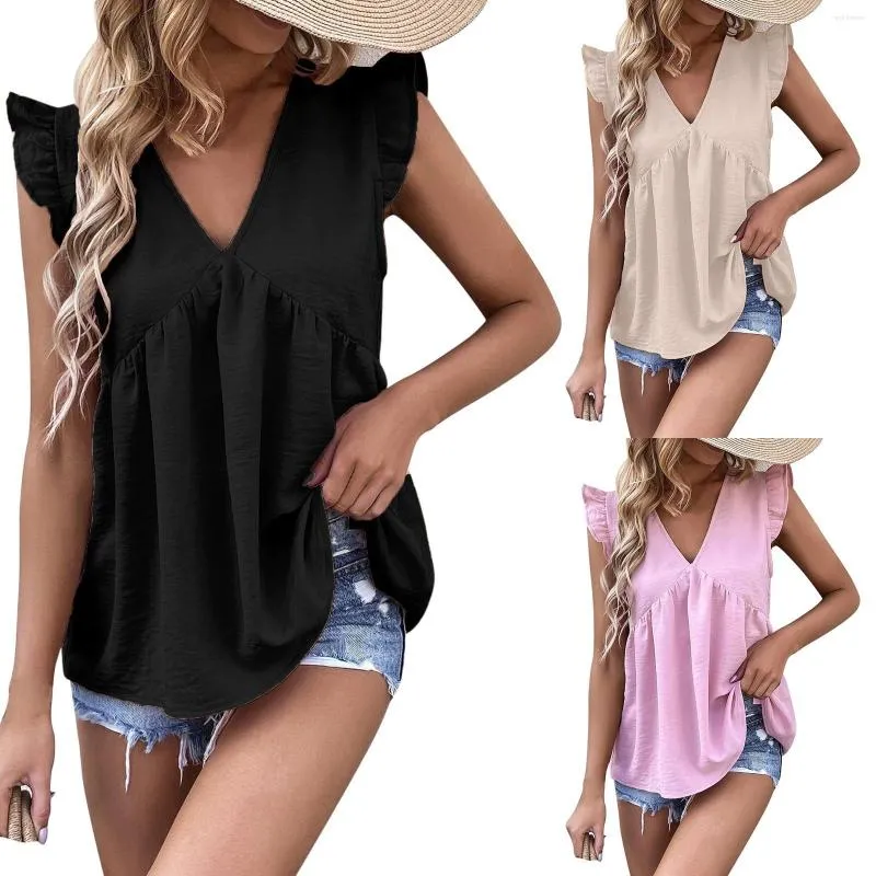 Women's Blouses Womens Tank Tops Loose Fit Summer Ruffle Sleeveless Geometric Business Chemise Femme Blusas Vintage Elegant Baggy