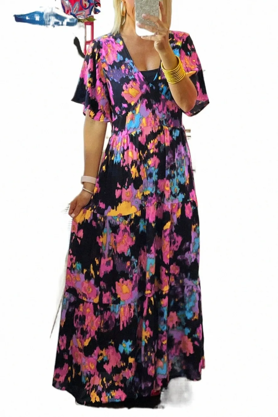 robe longue noire à motif floral abstrait à manches flottantes A6HX #