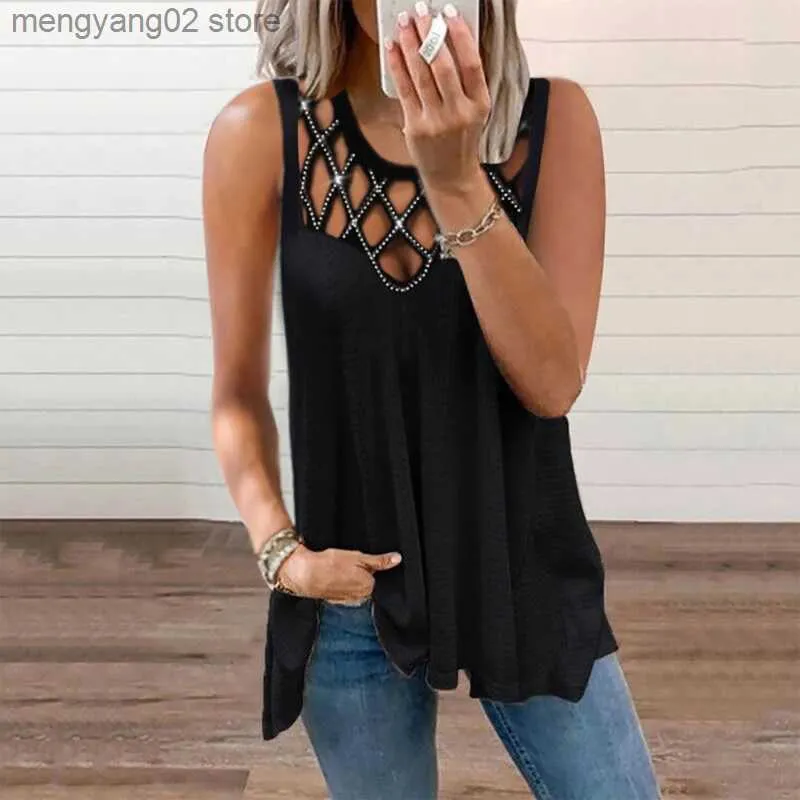 Women's Tanks Camis Fashion Women Summer Vest T-Shirt Loose Sleeveless Solid Color Hollow Out Hot Drilling Tank Tops T230517