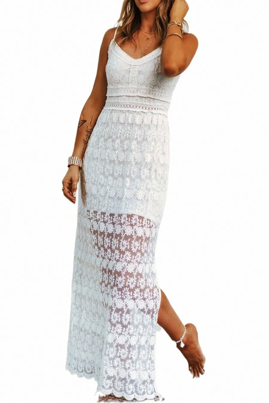 Białe paski spaghetti koronkowa sukienka maxi z szczelinami Z38J#