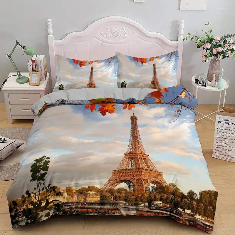 Bedding Sets Microfiber Floral Duvet Cover Romantic Eiffel Tower Set Paris Cityscape Twin Comforter For Girls Teen Adult Room