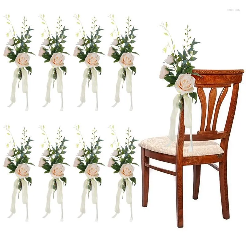 Fleurs décoratives 8 pièces banc pour mariage décoration allée chaise artificielle romantique lumière Champagne Roses avec rubans décor à la maison