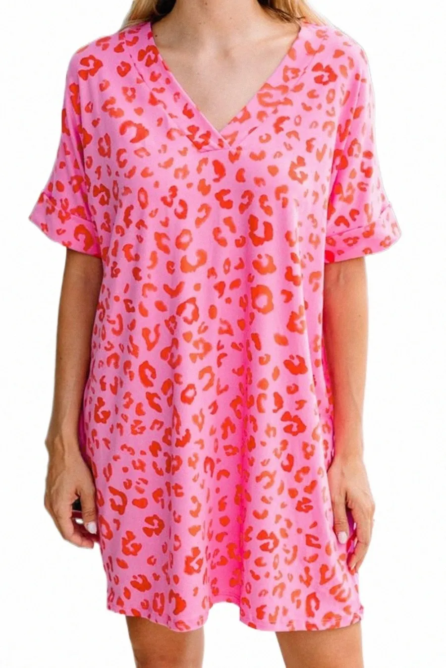 Vestido de camiseta rosa con cuello en V y estampado de leopardo t81X#