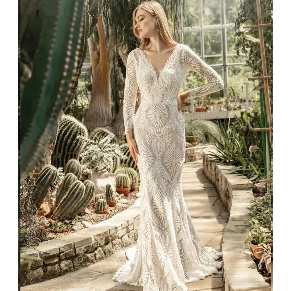 Vestido Novia Boho Elegante Spitze Brautkleider Backless Langarm meerjungfrau boho Braut Kleid 2023 Sexy Tiefe Brautkleider