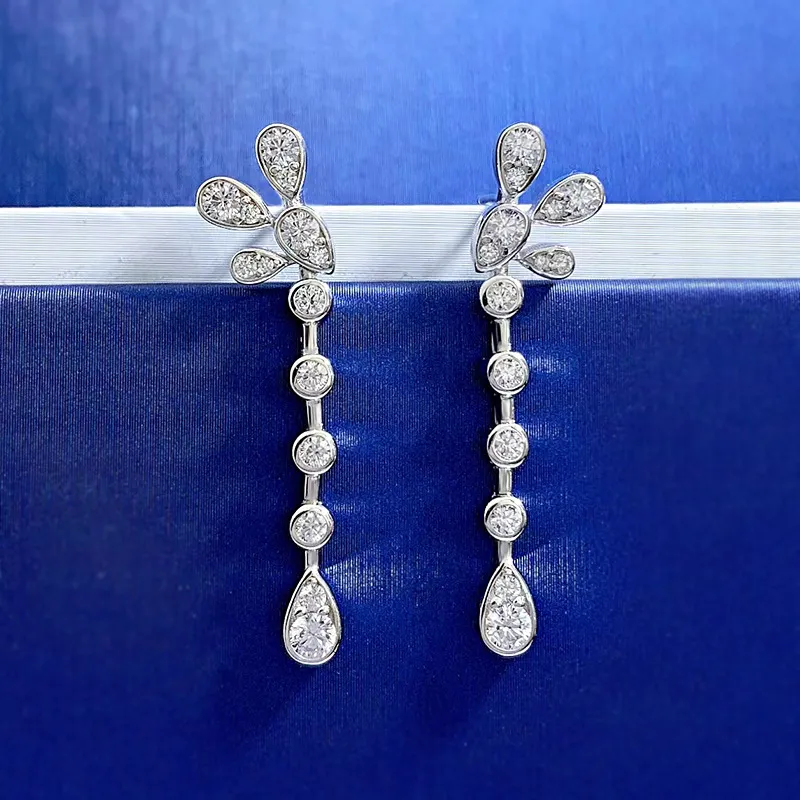 Fiore Moissanite Diamante Ciondola L'orecchino 100% Reale Sterling Sier Orecchini pendenti da sposa per le donne Promessa regalo di gioielli