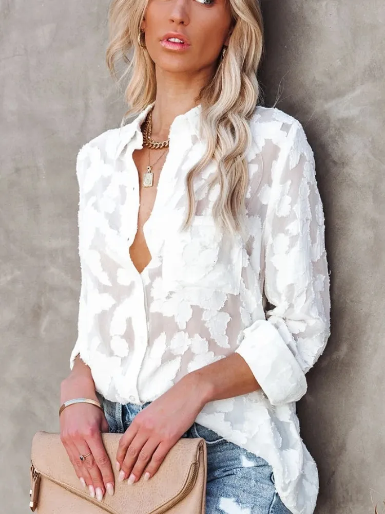 Women's Blouses Shirts Mesh Zie door lange mouwen White Women Streetwear Flower Jacquard Button Down Shirt Oversize Blouse Tops 230516