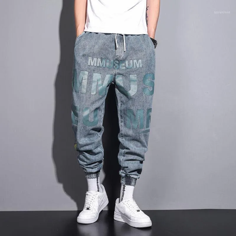 Mäns jeans Loose Vintage Printed Men Harajuku Baggy Pants Funny Patchwork Ribbed Overdimensionerad denim