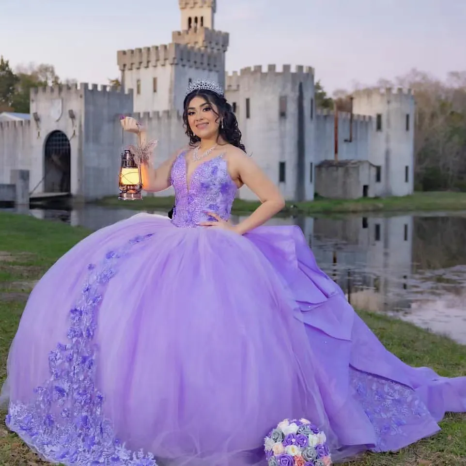 Fioletowe sukienki Quinceanera suknie balowe dla słodkich 16 dziewcząt vestido de 15 anos aplikacje koraliki cekinowe przyjęcie urodzinowe sukienka balowa