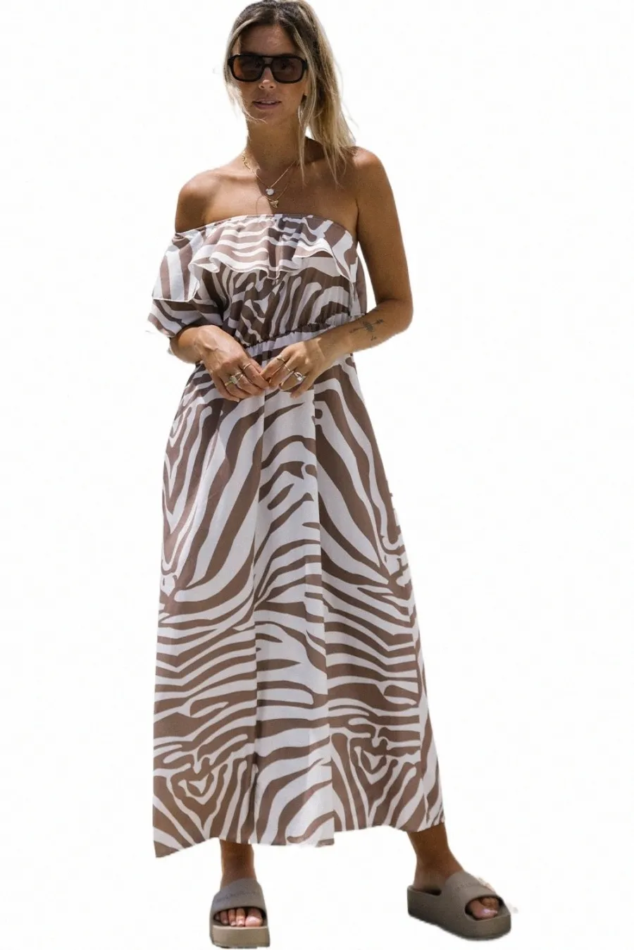 Khaki Zebra -print Asymmetric One Shoulder Maxi Dress 32XV#