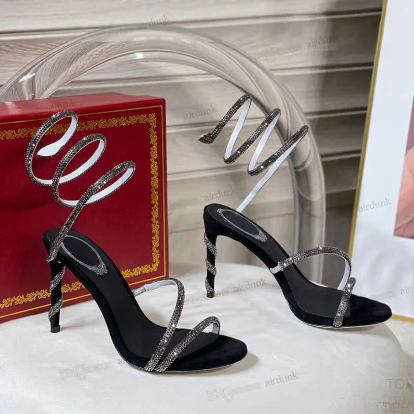 Het stiletto häl sandaler rene caovilla för kvinnors sko cleo crystal besatt orm strass skor lyxdesigners ankel wraparound mode 9,5 cm hög häl sandah3g