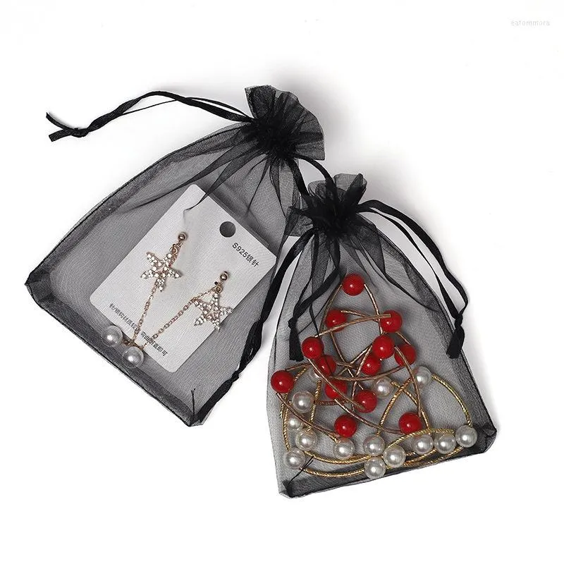 Smycken påsar packar väska svart öronhalsband förvaringspåsar tillbehör jul organza 7x9 9x12 11x16 13x18cm gåvor