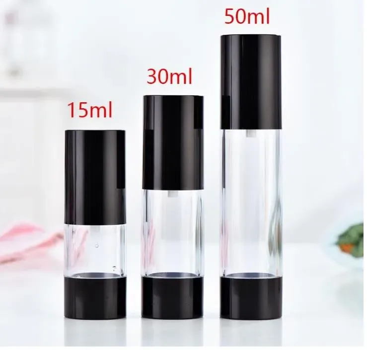 15 ml 30 ml 50 ml 80 ml 100 ml tom svart luftlös pump dispenser flaska påfyllningsbar lotion grädde vakuum spray flaskor atomizer fabriksuttag