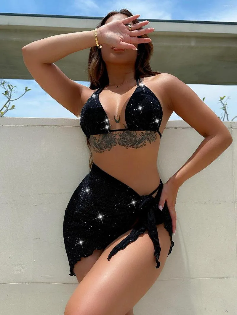 Glitter de roupas de banho feminina Bling com sarongue biquíni fêmea fêmea fêmea feminina Mulheres de três peças Bather Bathing Suit Swim