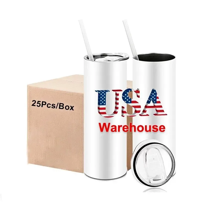 USA CA Warehouse 20oz Blanks White Sublimation Mugs Water Bottles Drinkware Rostfritt stål tumlar med plaststrå och lock
