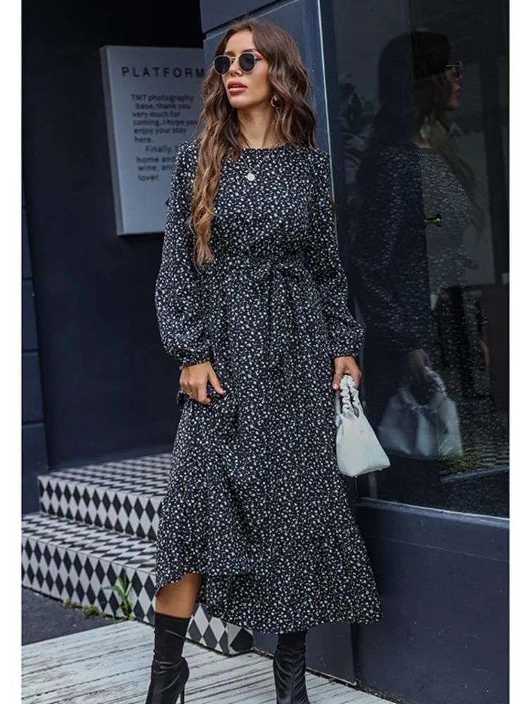 Dresses LiTi Print Black Long Dress Women Winter Long Sleeve Dress Elegant Round Neck Tie Print Dress