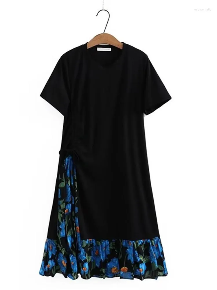 Plus-klänningar Kvinnaklänning Double-Laye Black Chiffon Hem veckad kjol Bottom Stitched kortärmad rundhals sommarlös