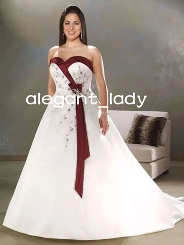 Vintage White Burgundy Stain Strapless A Line Wedding Dress 2024 Beaded Embroidery Satin Bridal Gown Plus Size