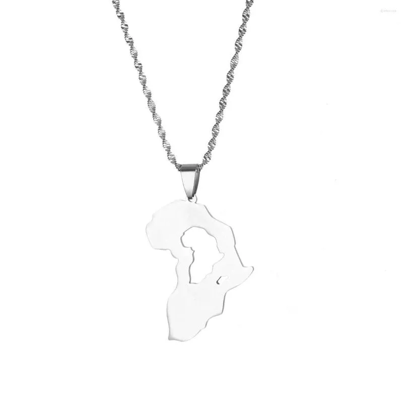 Chains Stainless Steel Africa Map Heart Pendants Necklaces For Women Men Girls African Silver Color Charm Jewelry Gifts