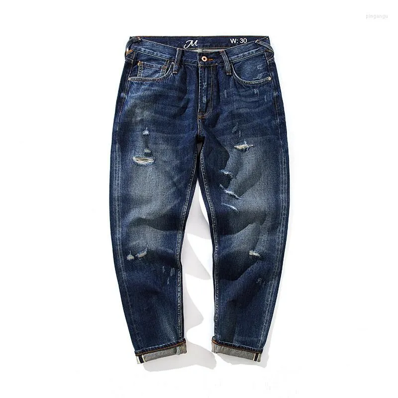 Mäns jeans trendig botten bomull mörkblå selvedge tvättade tunga japanska vintage selvage denim byxor för män ew2102009