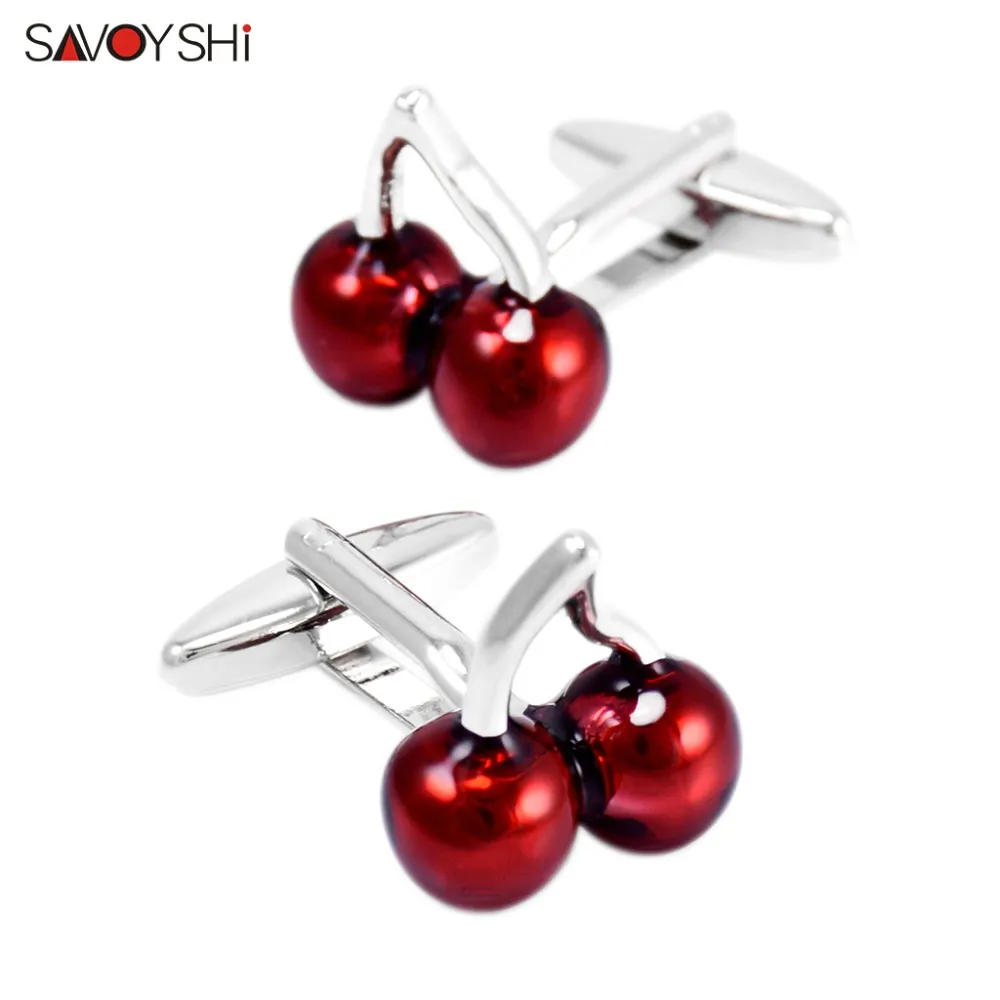 SAVOYSHI Fashion Mens Suit Shirt Cufflinks High Quality Red Enamel Cherry Cuff links Wedding Best Man Gift Free engraving