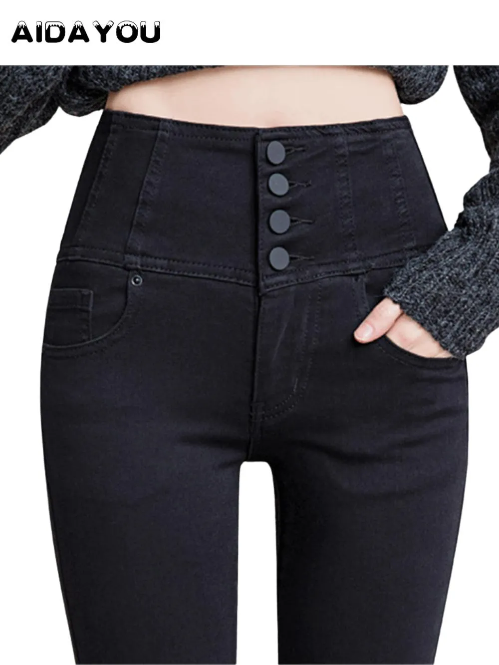 Boxers High Maisted Jeans Button Fly Front For Women Mage Control Stretch Denim Black Petite XS 4XL Dress Pants With Pocket OUC433