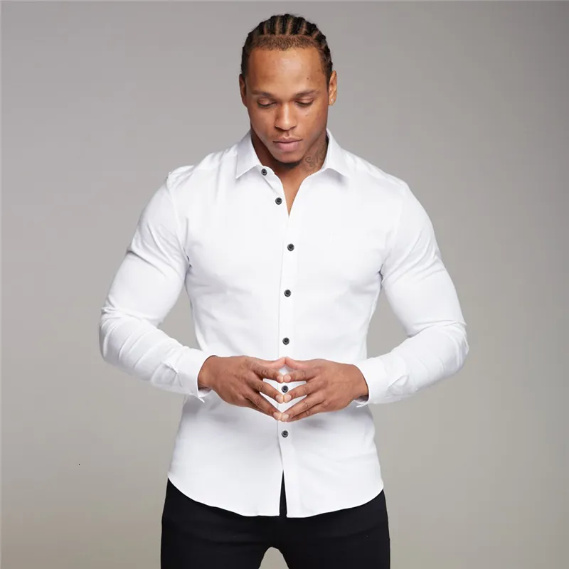 Chemises habillées pour hommes Chemise blanche d'affaires pour jeunes Chemise à manches longues pour hommes Coupe cintrée Sans repassage Tenue de soirée professionnelle Chemise de couleur unie 230517